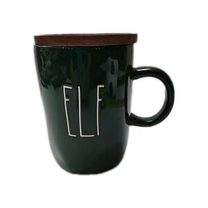 2020 RAE DUNN "ELF" Green Christmas Holiday MUG with Topper/Lid/Coaster.